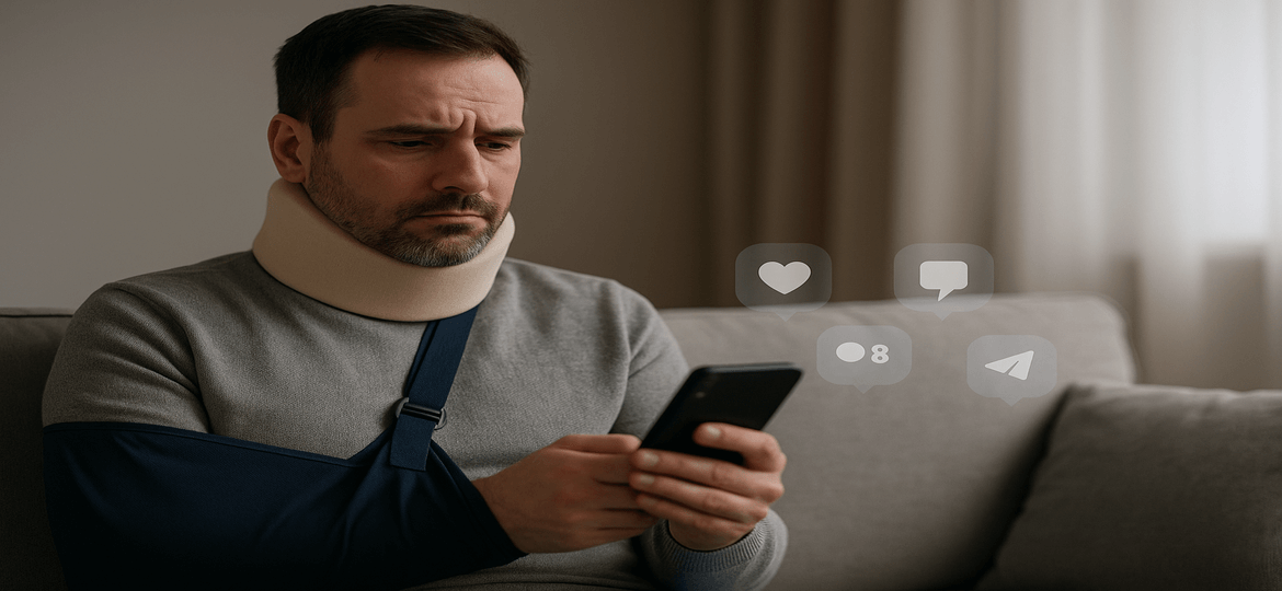 injured man with arm in sling using social media on phone