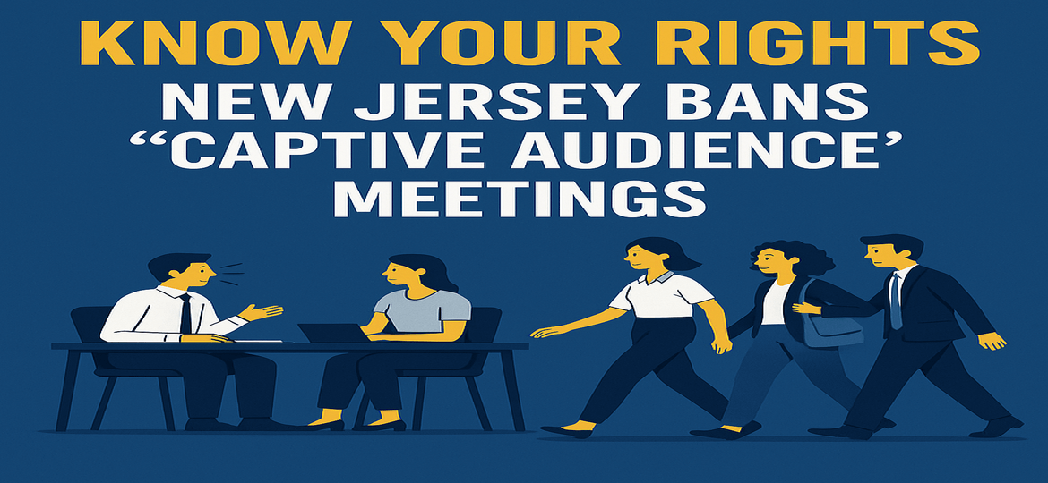 employees in meeting with background text- Know Your Rights. New Jersey Bans "Captive Audience Meetings"