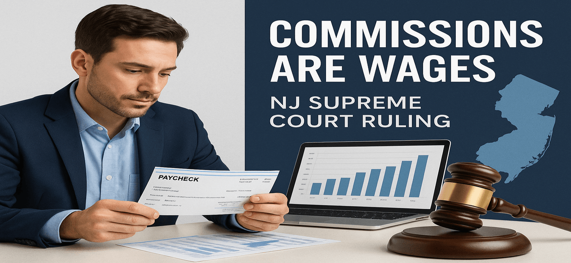 man looking at check, with words in background Commissions are Wages, NJ Supreme Court Ruling